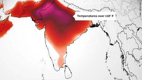 Tahmin haritası, Hindistan'ın çoğunun Cuma günü yüksek sıcaklıklara dayanacağını gösteriyor: 32°C/90°F'nin üzerinde (turuncu tonlarında);  38°C/100°F üzerinde (kırmızı);  veya 43°C/110°F'den yüksek (pembe).